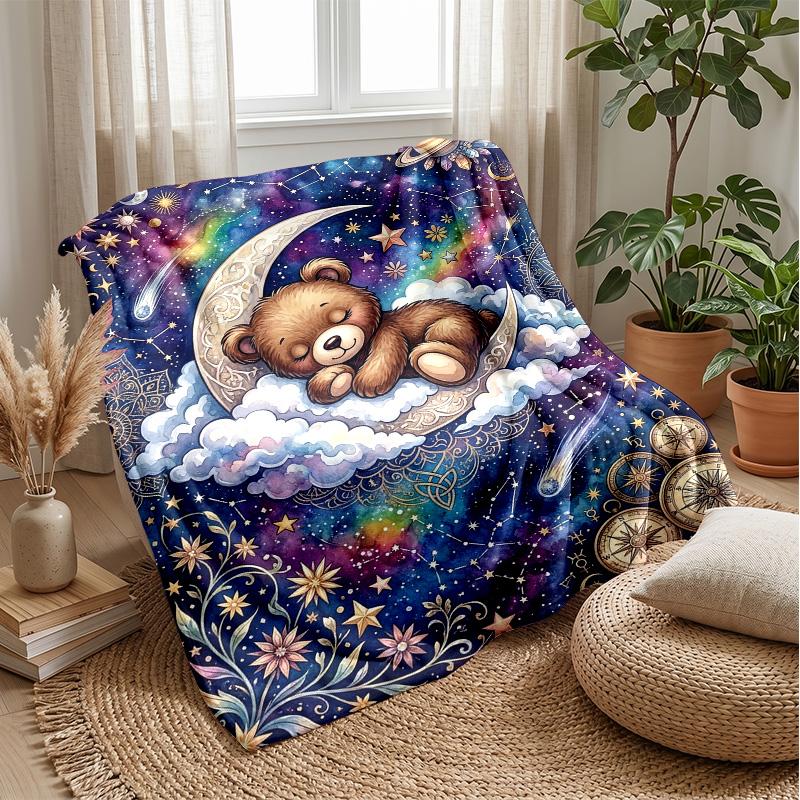 Teddybären mit Mond und Sternen Thema Decke Leichte Warme Flanelldecke Dekorative Überwurfdecke für Heimdekoration