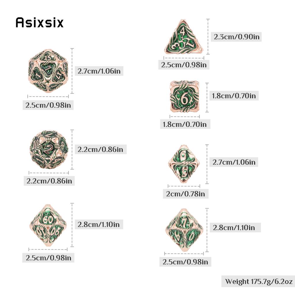 7 Pcs Yellow Green Tree Vine Metal Dice Solid Metal Polyhedral Dice Set Suitable for Role-Playing RPG Board Game Dice RPG