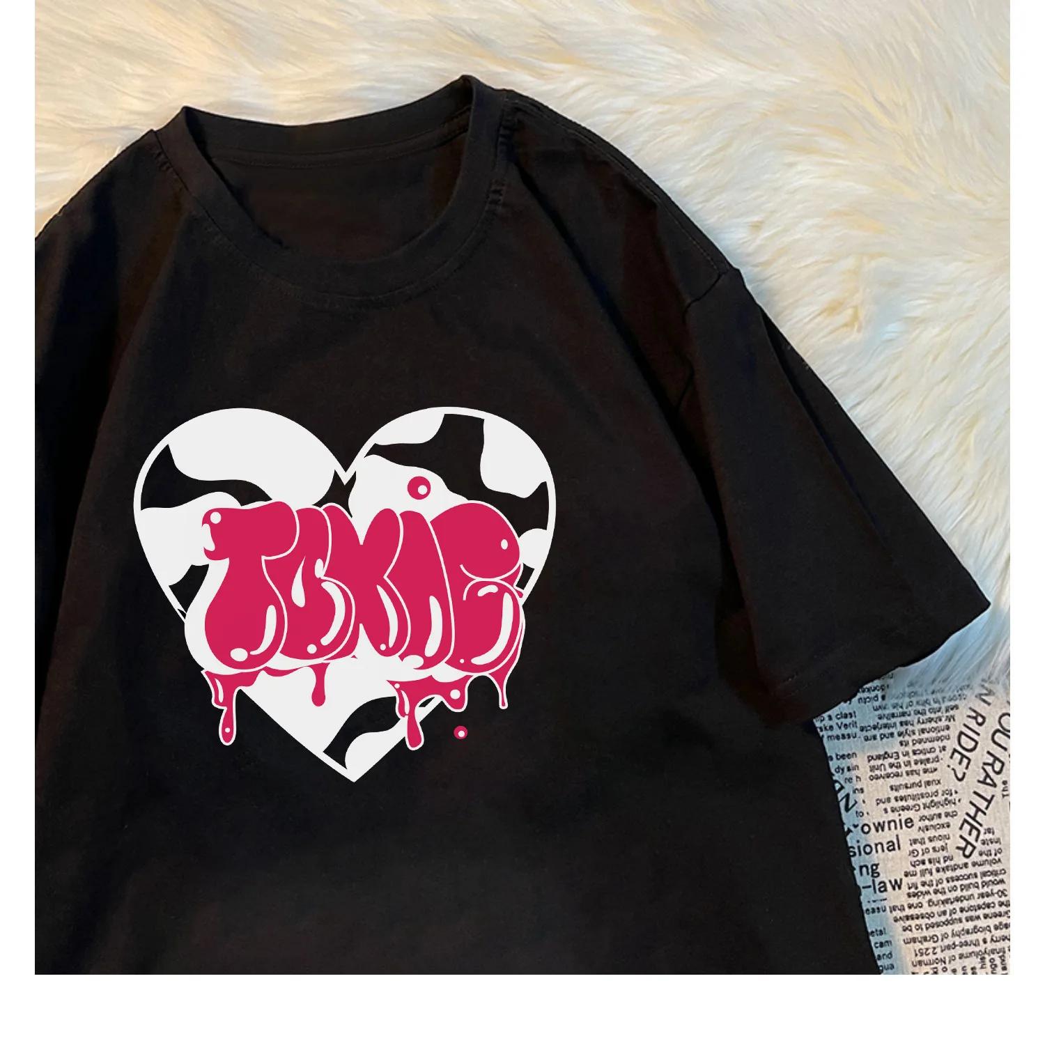

Kawaii Anime Summer Y2K Harajuku Goth Heart Print Female Tshirt Loose Short Sleeve Fairy Top Vintage Clothes for Women S