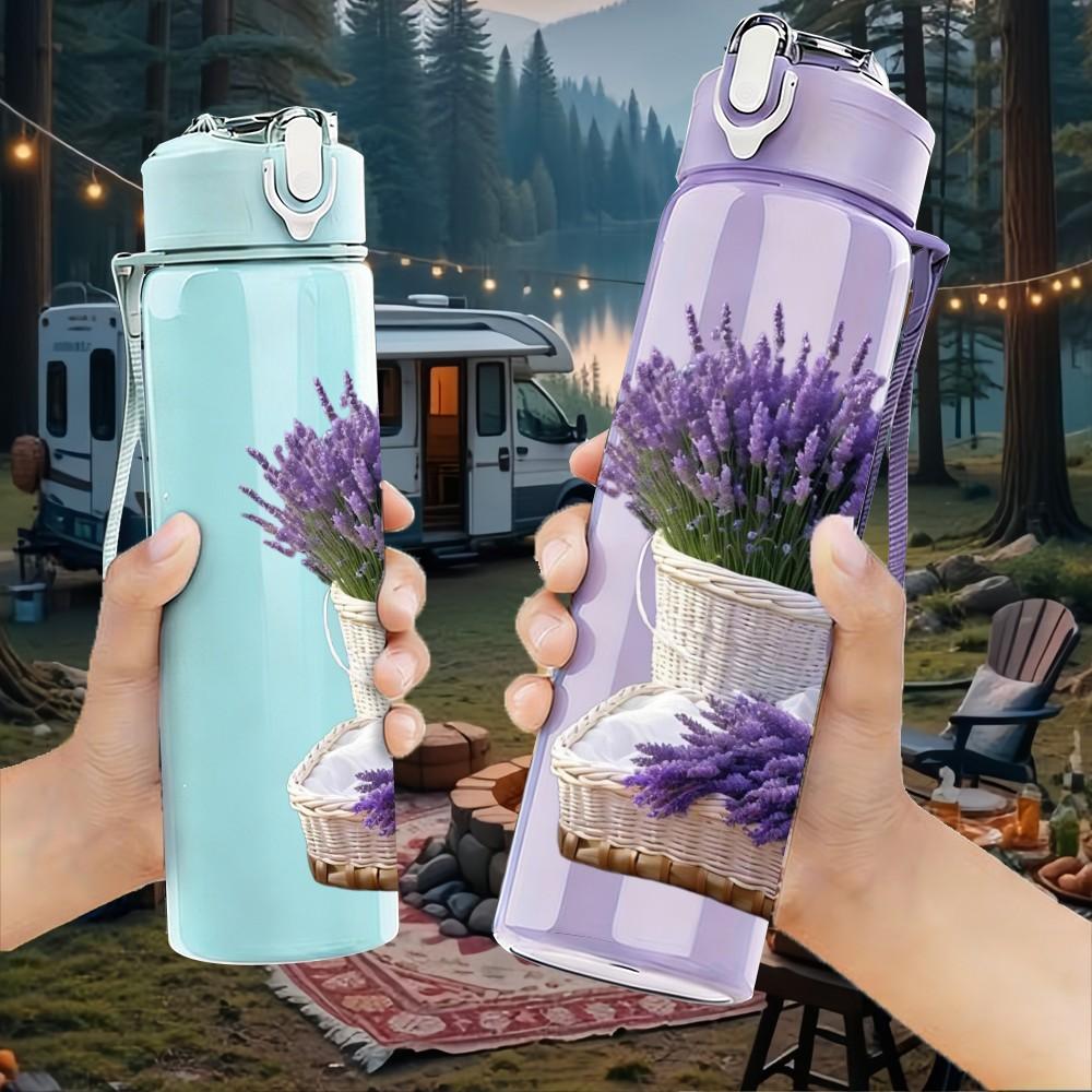 1PC Purple Lavender Potted Plant Print 750ml Color Plastic Sports Water Bottle Leakproof Flip Straw Lid Suitable for Sports Office Home Use