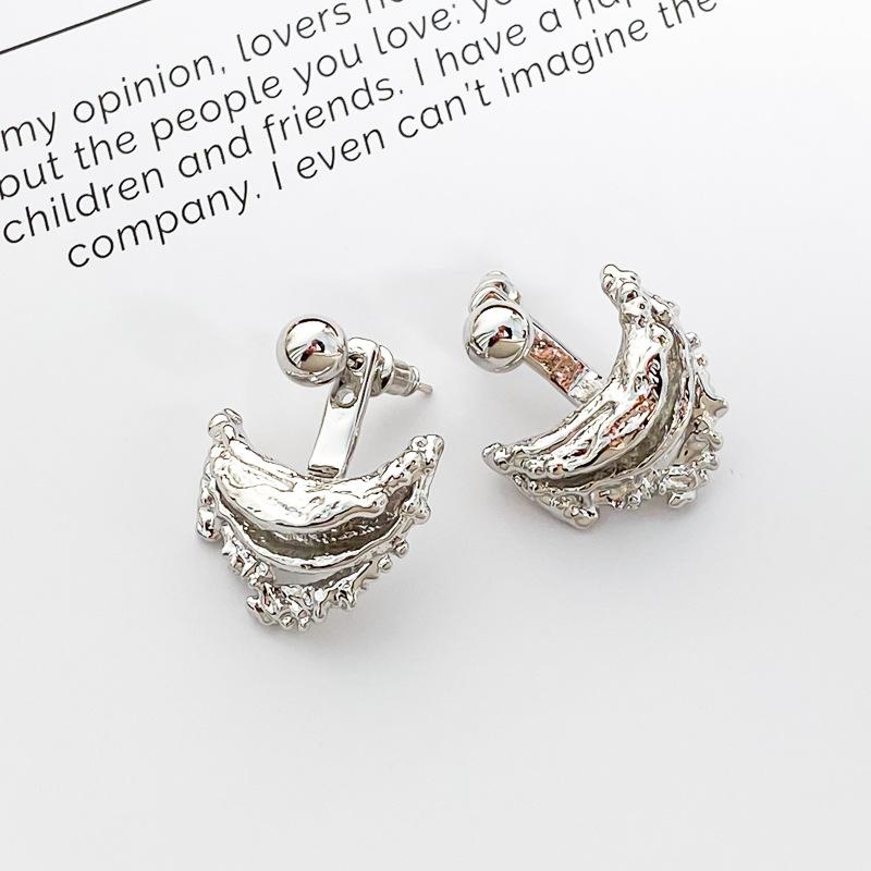 Irregular Crescent Moon Boat Earrings: European American Design, Detachable Two-Way Wear, Retro Lava Studs for Women.