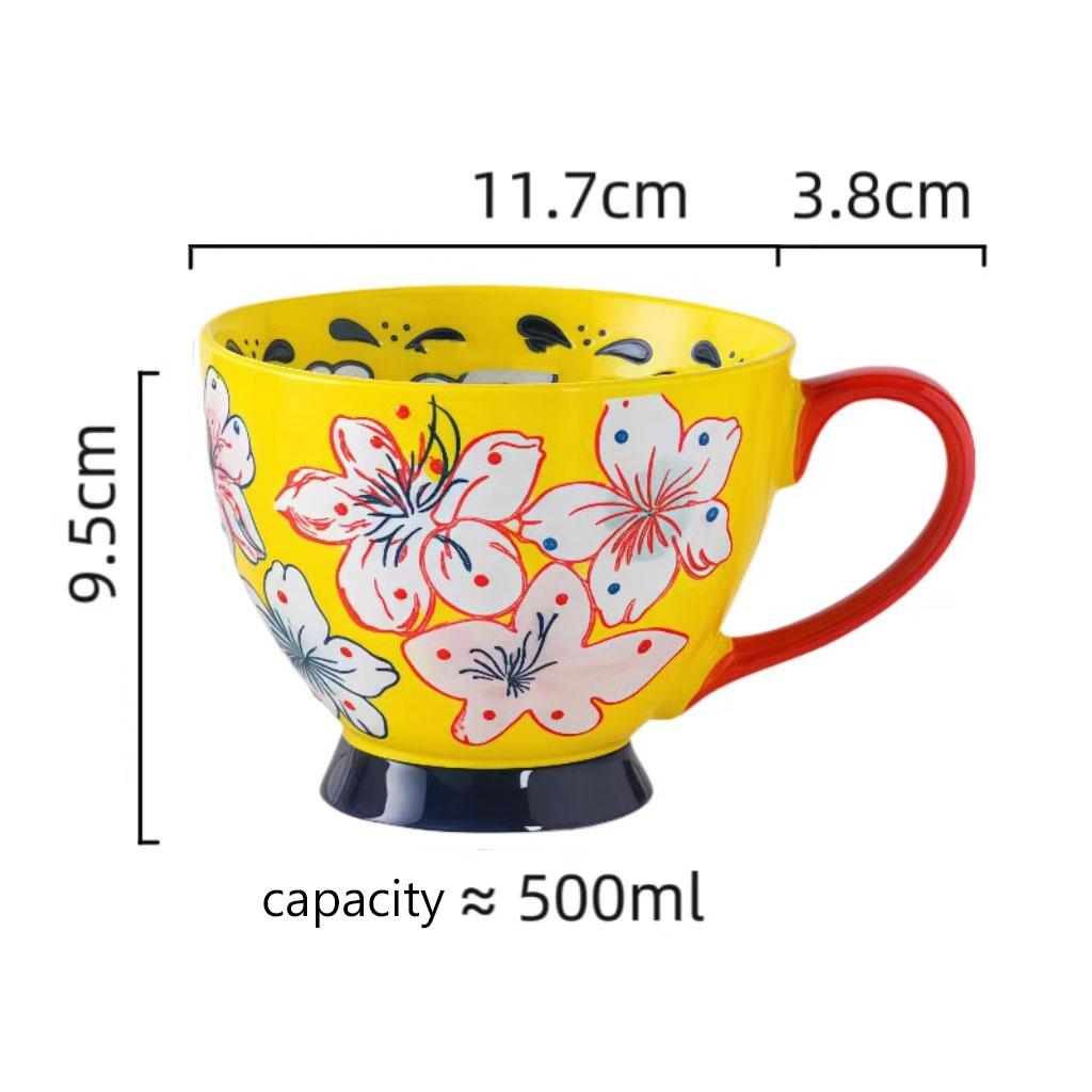 

500ml Hand-Painted Ceramic Breakfast Mug – Colorful Glaze Flora lLarge Cup with Wide Mouth – Microwave & Dishwasher Safe 500ml