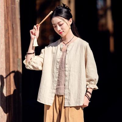 Women Vintage Shirts O-Neck Half Sleeve Solid Color Blouses Summer Button Chinese Style Shirts
