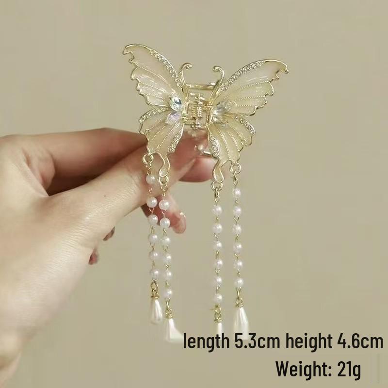Korean Style Rhinestone Butterfly Pearl Tassel Hair Clip