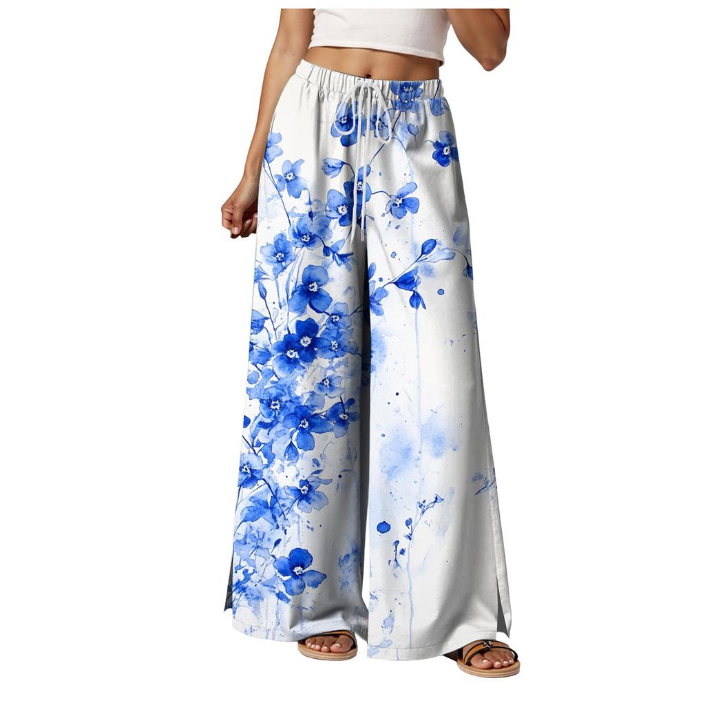 Womens Floral Print Wide Leg Pants Loose Fit Trousers With Two Side Splits Casual Lounge Wear Beach Vacation Outfits 2025