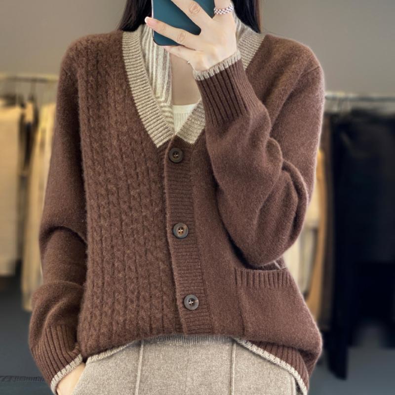 Thickened V-neck Wool Cardigan for Women In Autumn and Winter New Loose and Versatile Color-blocking Cashmere Jacket Lazy Knitted Top