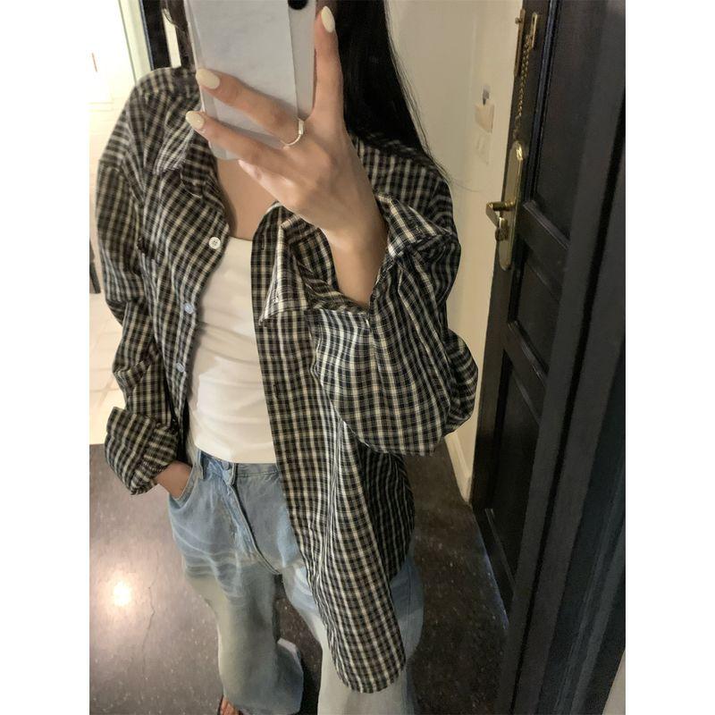 Kumikumi Idle Style Plaid Lapel Long Sleeve Shirts Women Clothes Autumn Casual Loose Mid-Length Shirt Outerwear