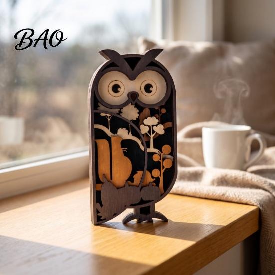 Detailed Wooden Owl Desk Ornaments Multi Layer Figurine, 3D Layered Crafts, Creative Wood Natural Poplar Tabletop Decor Carving Animal for Home