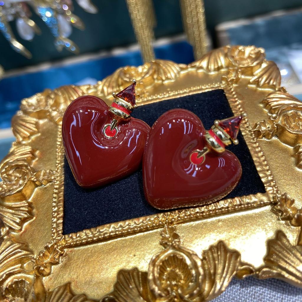 Ankola Red Oil Dripping Love Stud Earrings Women'S Literary Retro Sweet Fashion Personality Temperament Versatile Earrings Earrings