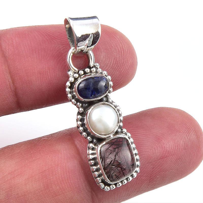 

Natural Black Rutile,Pearl Gemstone 925 Solid Sterling Silver Pendant 1.25 U4O81