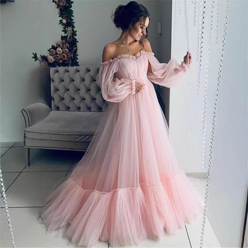 Neues Damen Europäisch-Amerikanischer Stil Schulterfrei Tüll Langarm A-Linie Hochzeitskleid Partykleid