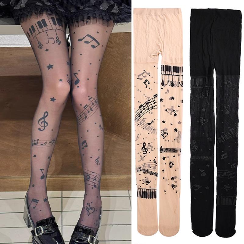 Vintage Y2K Lolita Music Note Piano Print Pantyhose for Women Sexy Stockings Korean Sweet Cool Hosiery Thin High Elastic Socks