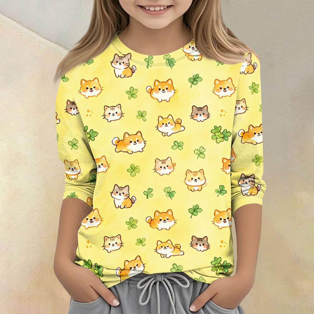 Kinder Tierdruck Rundhals Dreiviertelarm Lässiges T-Shirt Weicher Bequemer Stoff Geeignet für den Alltag und Spielzeit