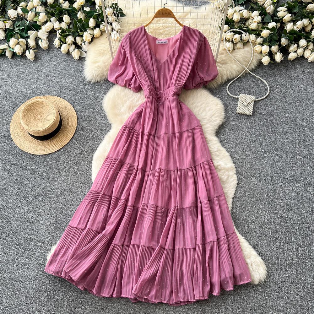 French V-neck small diamond temperament dress women's summer waist and thin A-shaped cake long dress dopamine wind