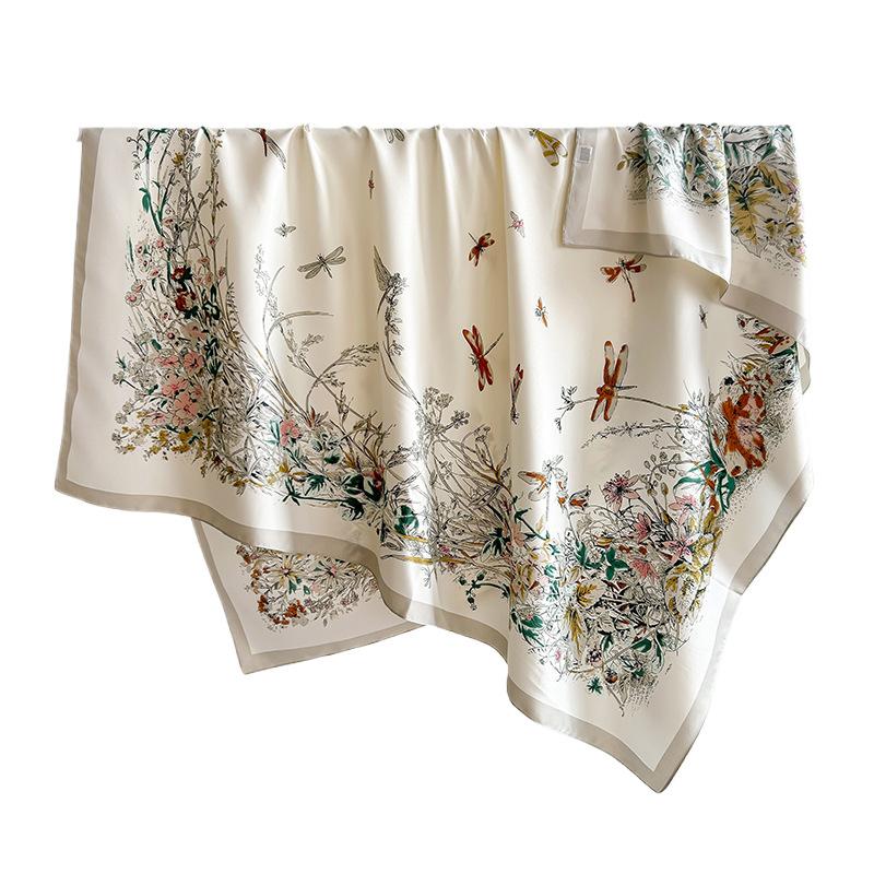 Simple and fashionable plant floral print square scarf, fresh and sophisticated, spring/autumn thin 111 twill silk scarf for women