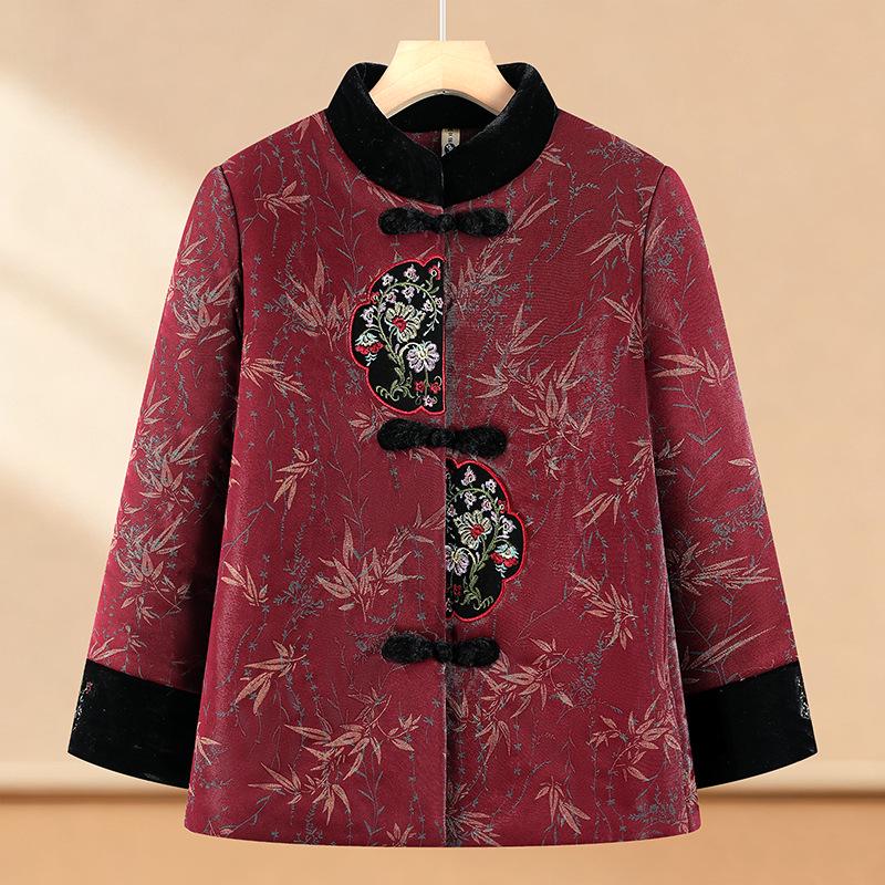 Elderly Women's Winter Cotton Jacket, Grandma’s Plus Velvet Thickened Tang Suit, Warm Stand Collar Outerwear for 70-Year-Olds