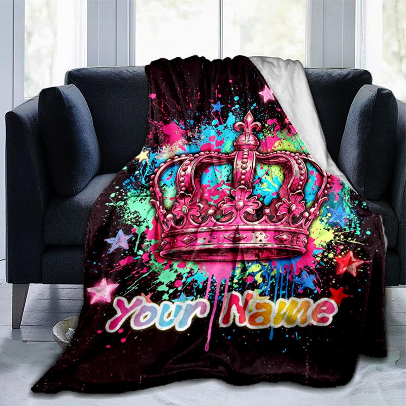 1PC Custom Name Crown Stars Graffiti Art blanket versatile,all-season throw suitable for the living room,bedroom,camping,travel,and gift