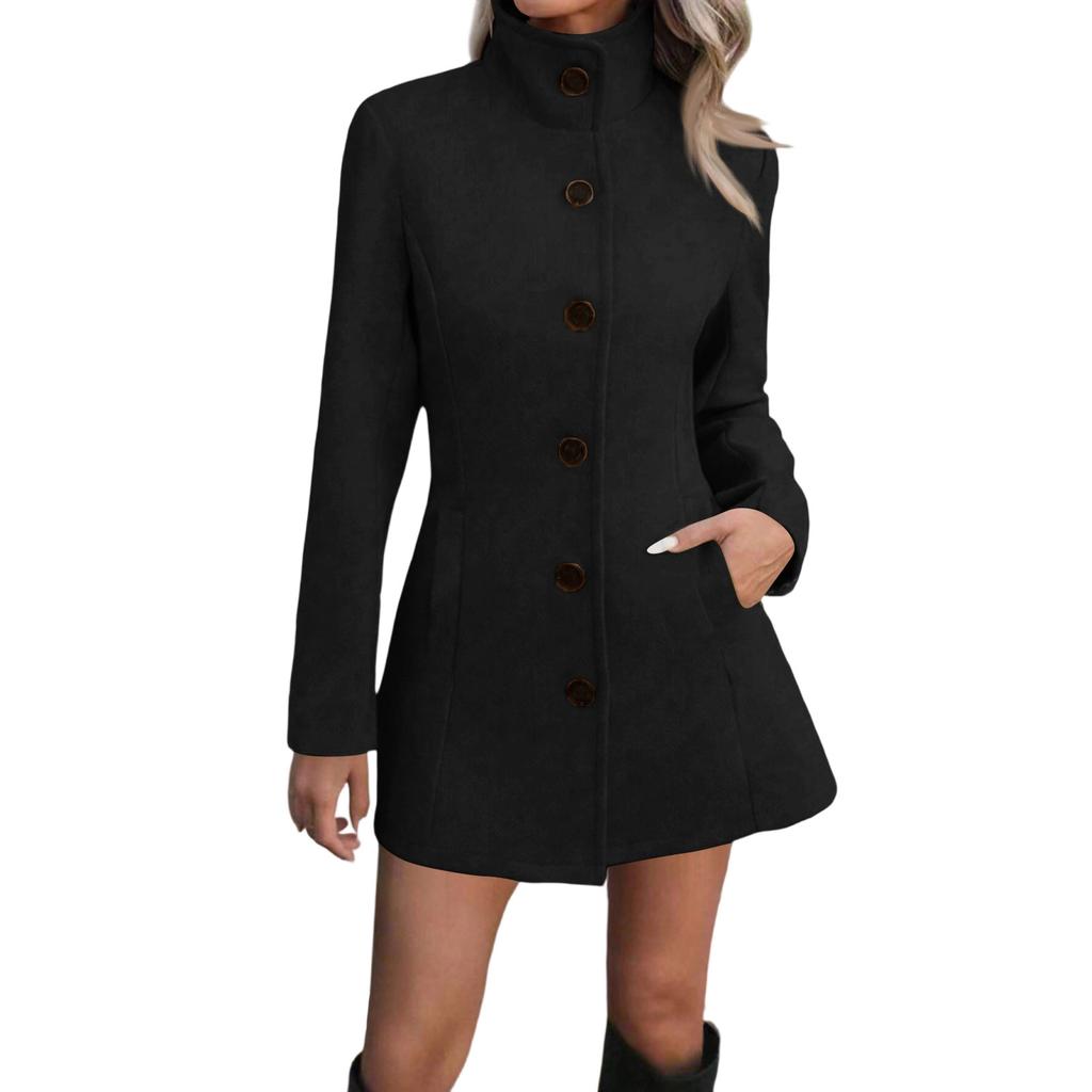 Women's Fashionable, Casual, Commuting Stand-up Collar Woolen Top Coat