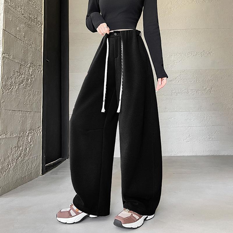 

Casual pants women s new spring and autumn high-waisted loose straight scimitar sweatpants drape lazy wind wide-leg pants S чёрный