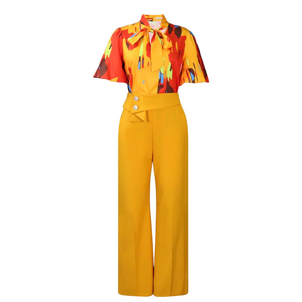 D341 European/American Summer Printed Stand-Up Collar Long Sleeve Shirt & Wide-Leg Pants Two-Piece Fashion Suit