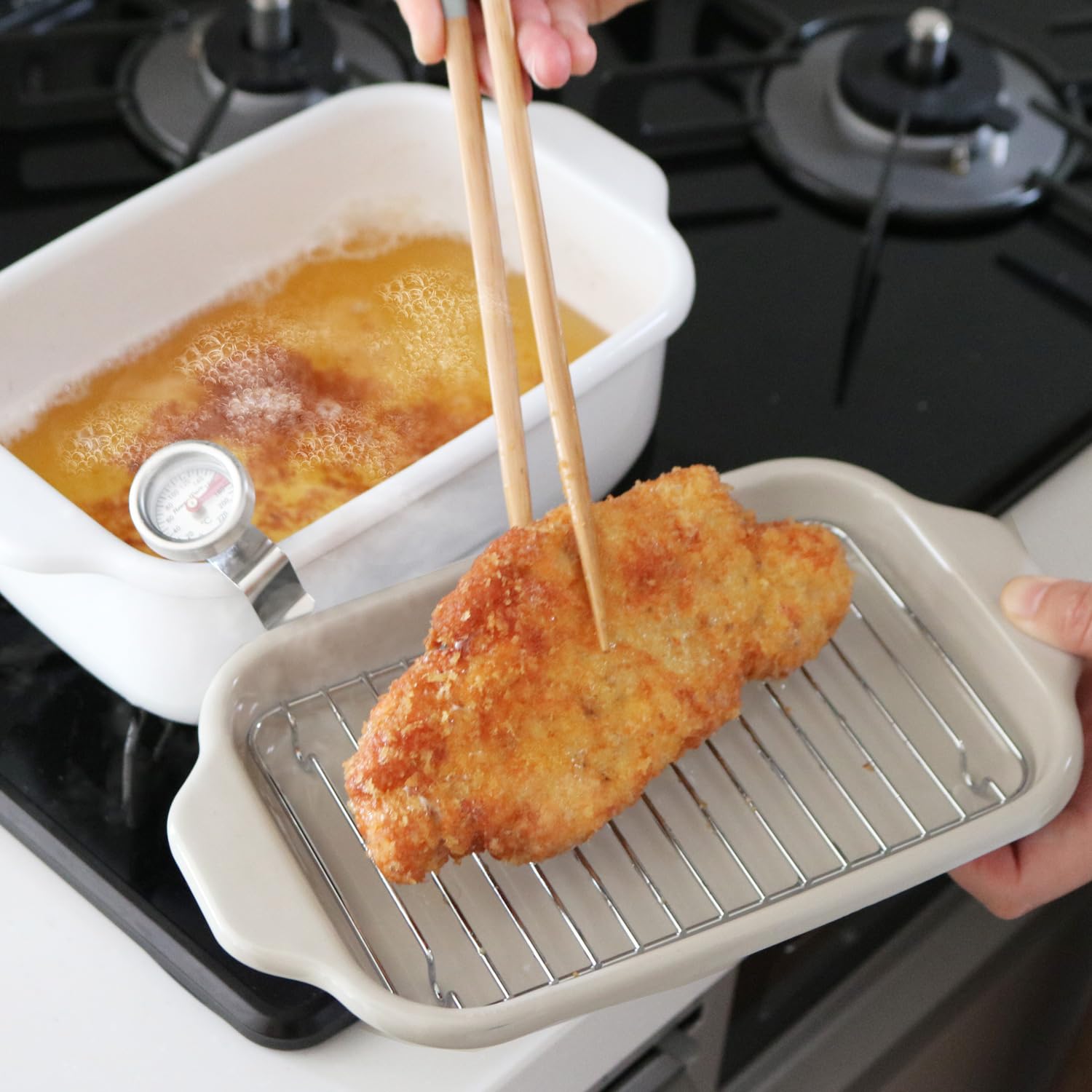

Fuji Enamel Square Tempura IH with Frying and Custom Pot, Compatible, Thermometer, Net, Tray, Color TP-20K.GG (Greige)