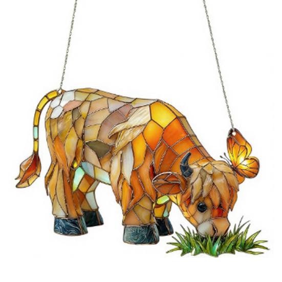 Highland Cow Butterfly Suncatcher Decoration Indoor Outdoor Garden Yard Window Wall Hanging 2D Acrylic Stained Glass Ornament