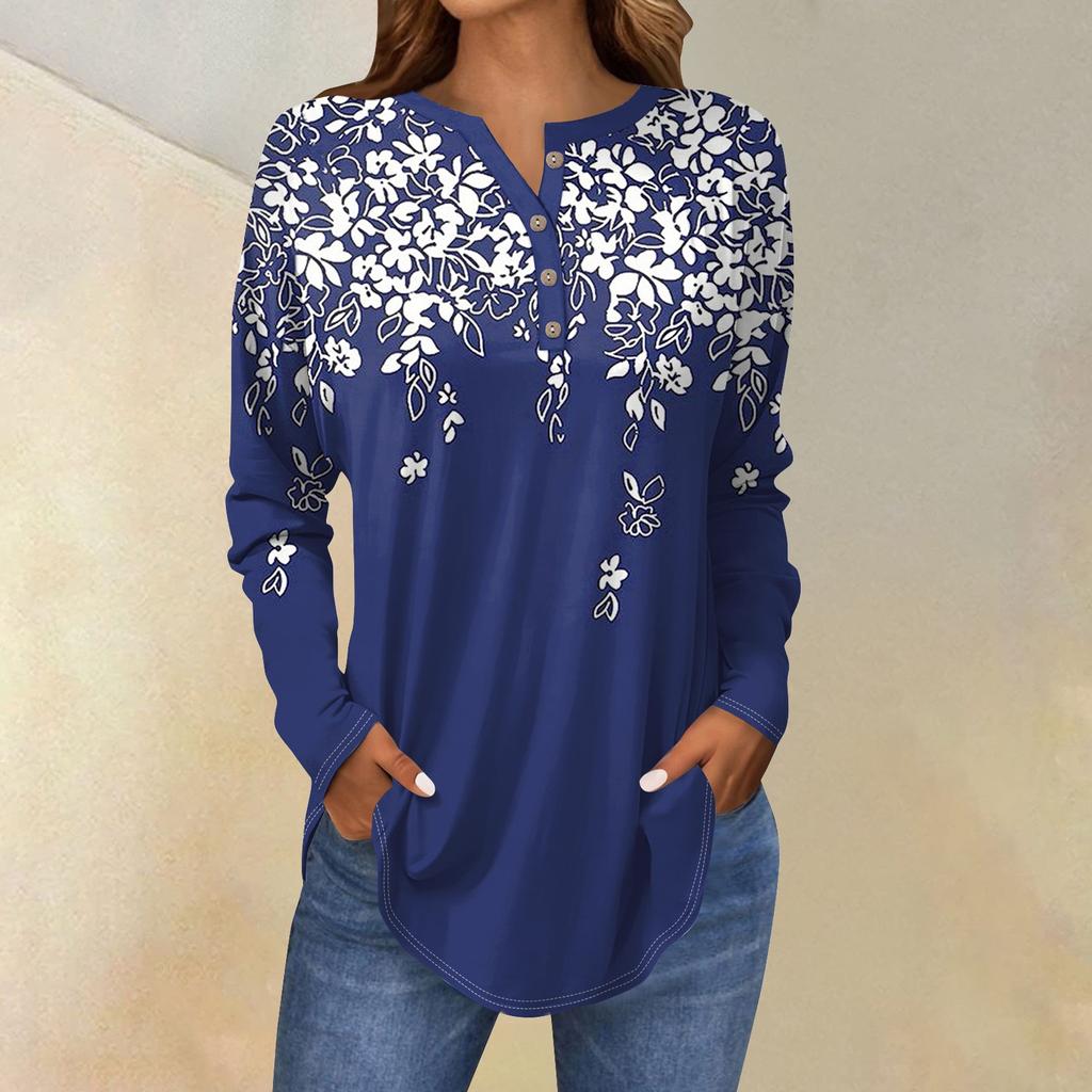Tee Shirts For Women Fall Casual Long Sleeve Button Shirts Sweatshirt Vintage Graphic Printing Top Pullover