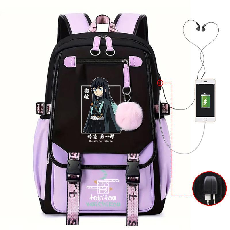 Japan Cartoon Comics Demon Slayer Trendy USB High-Capacity Student Backpack with Spine Support 0019