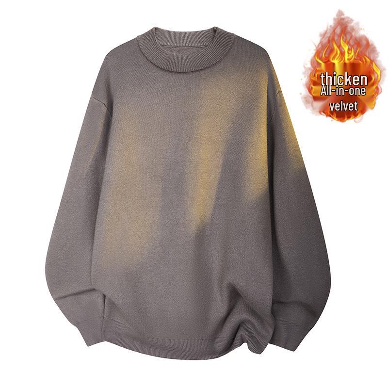 Men s Winter Velvet Fleece Knit Sweater - Round Neck, Loose Fit, Solid Color M верблюд