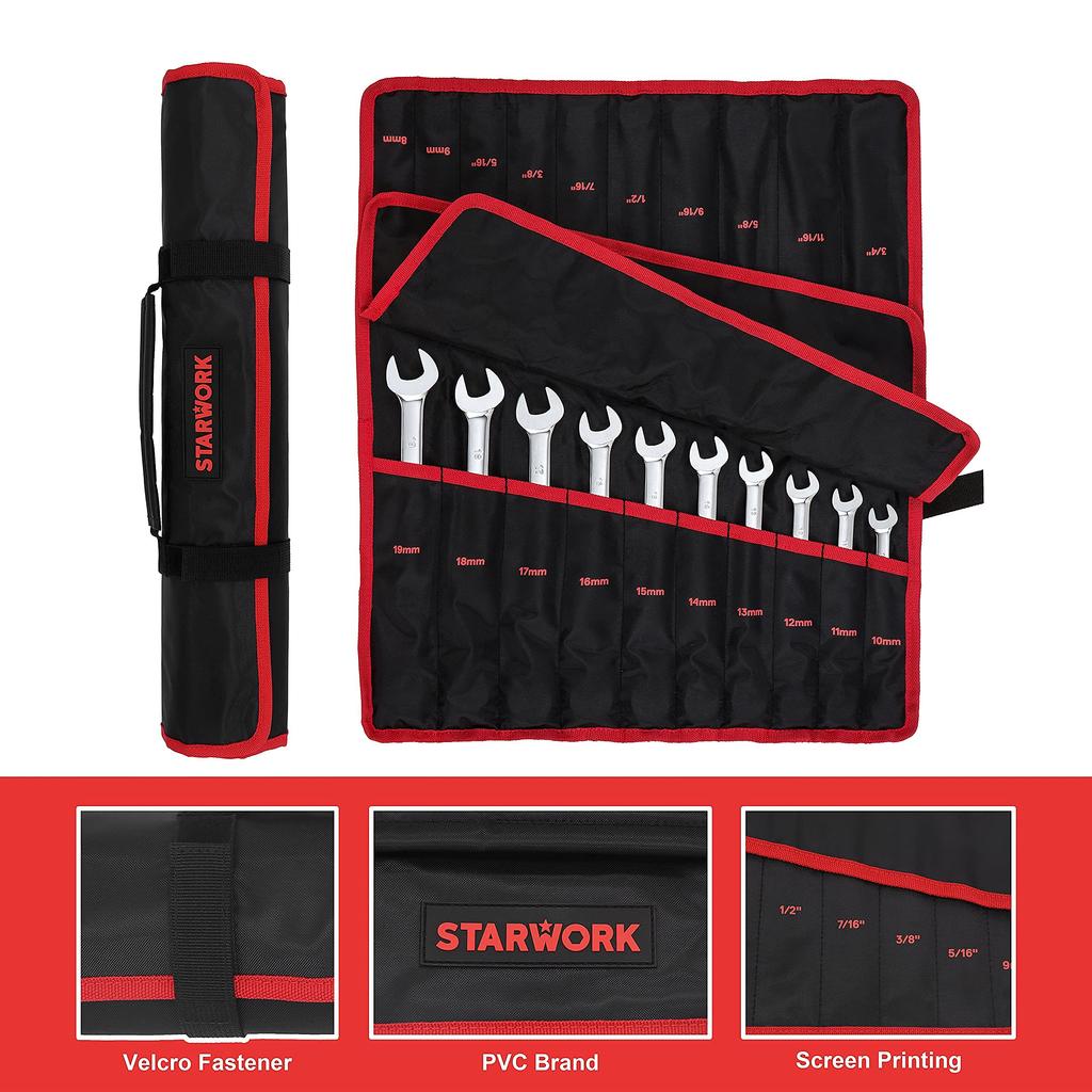 STARWORK TRUE Gear Ratchet Wrench Set with Storage Bag 20-Piece MECHANIC™ Dual-Purpose Non-Slip (SAE/Metric)
