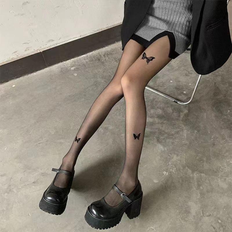 Collant Calze Velate Stampate con Farfalle Vintage Estetiche per Donna Sexy Sottili Trasparenti Collant Leggings in Seta