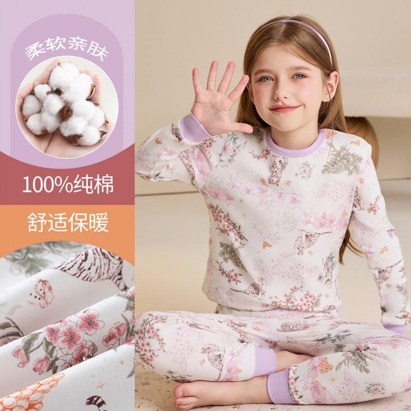 Girls Cotton Thermal Underwear Set A Class Kids Winter Warm Loungewear Cartoon Print