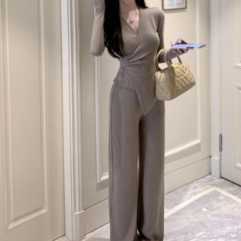 Irregular Slim Fit V-neck Top & Micro Flare Wide Leg Pants Set for Women - Autumn Collection 2026