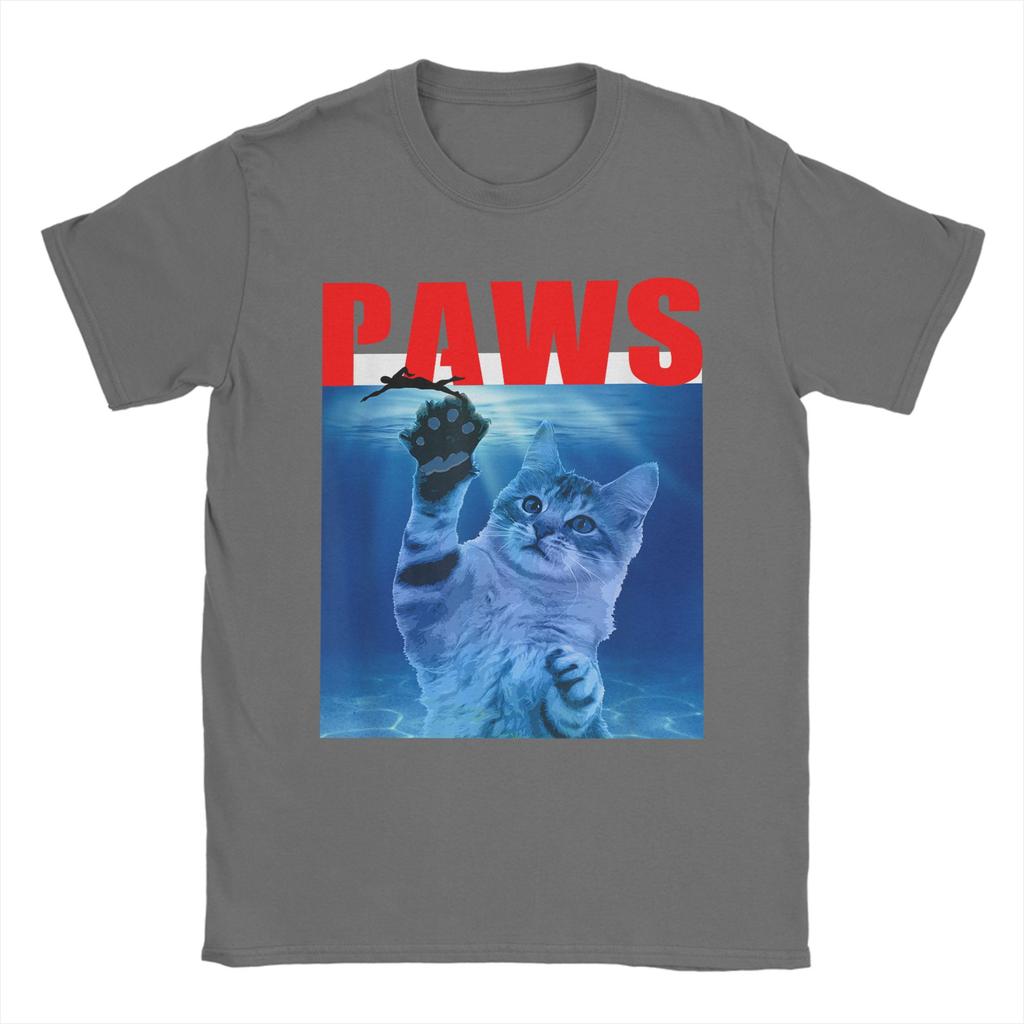 PAWS Funny Cat Parody For Shark And Cat Lovers TShirt Beach Y2K TShirts Cotton Tshirt For Men ShortSleeved Casual Tees