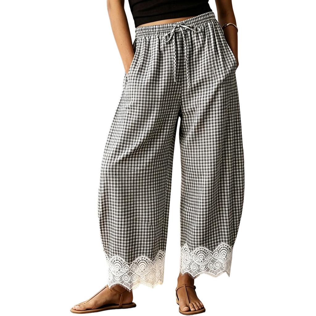 Pantaloni a Quadri Larghi da Donna con Vita Elastica e Bordi in Pizzo per Uso Quotidiano Casual