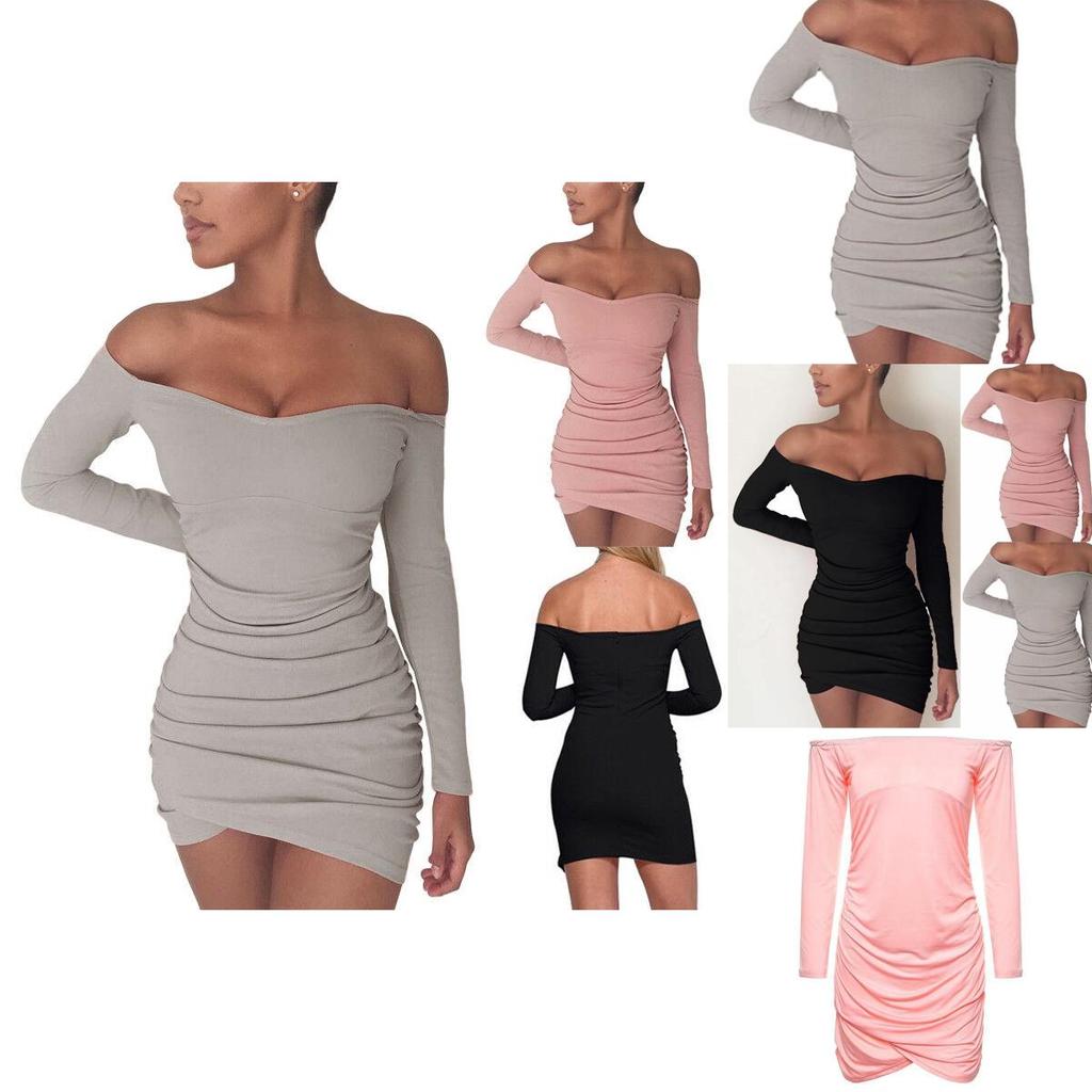 Elegant Women Long Sleeve Off Shoulder Evening Cocktail Party Club Bodycon Mini Dress Us