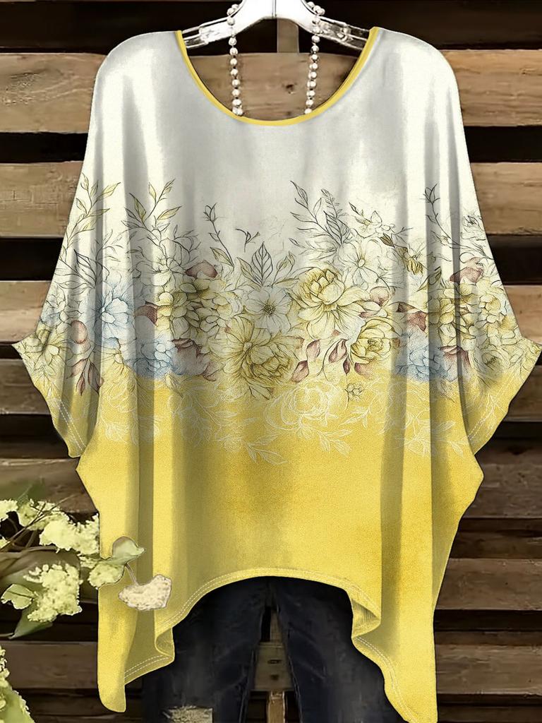 Floral pattern women's large size short-sleeved T-shirt, irregular hem design, digital printing four seasons T-shirt