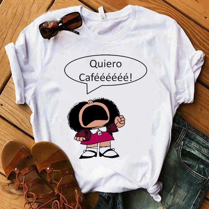 2025 Neues T-Shirt Damen Lustige Cartoon PAZ Mafalda oder QUIERO Cafe Bedrucktes Oberteil Damen T-Shirts Harajuku Lässig Weißes T-Shirt Kleidung