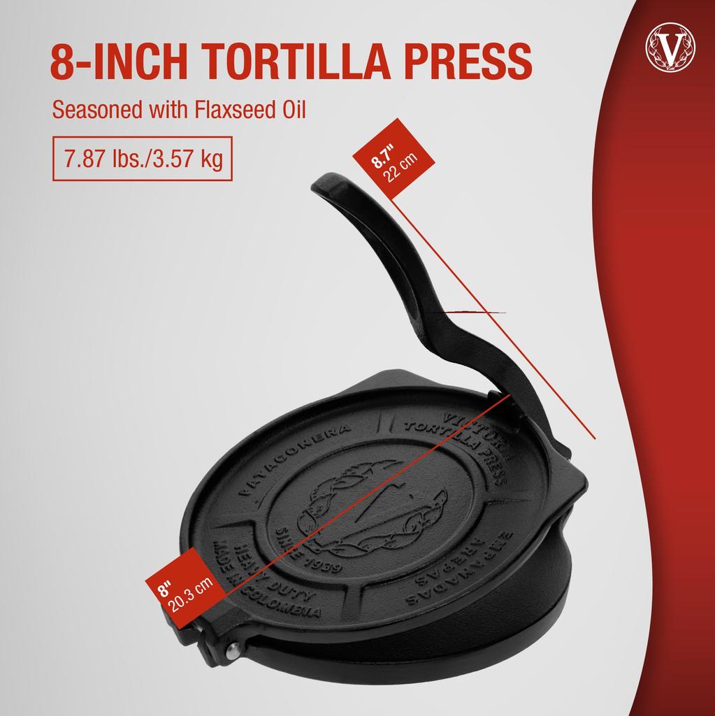 Victoria 8 Inch Commercial Grade Cast Iron Tortilla Press Ultra Heavy Duty HD Iron Victoria TOR001 20cm Cast Iron HD Iron Tortilla Press Taco Press
