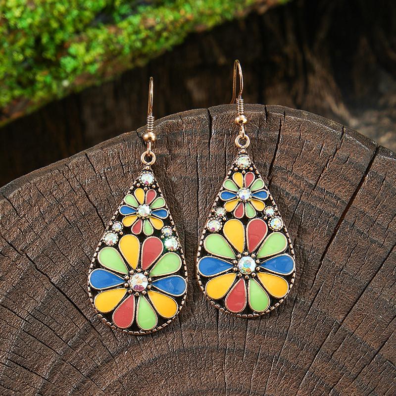 Orecchini Smaltati Colorati Etnici Retrò Bohemien da Donna Boho Fiore Vuoto Geometrico Rotondo Vintage Pendenti Gioielli Regalo