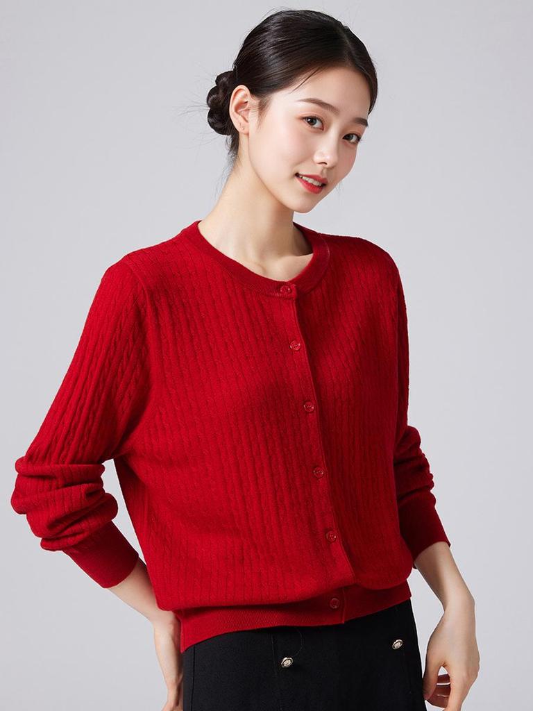 Women's 100% Pure Merino Wool Round Neck Cardigan Coat, Early Autumn 2026, Long Sleeve Sweater