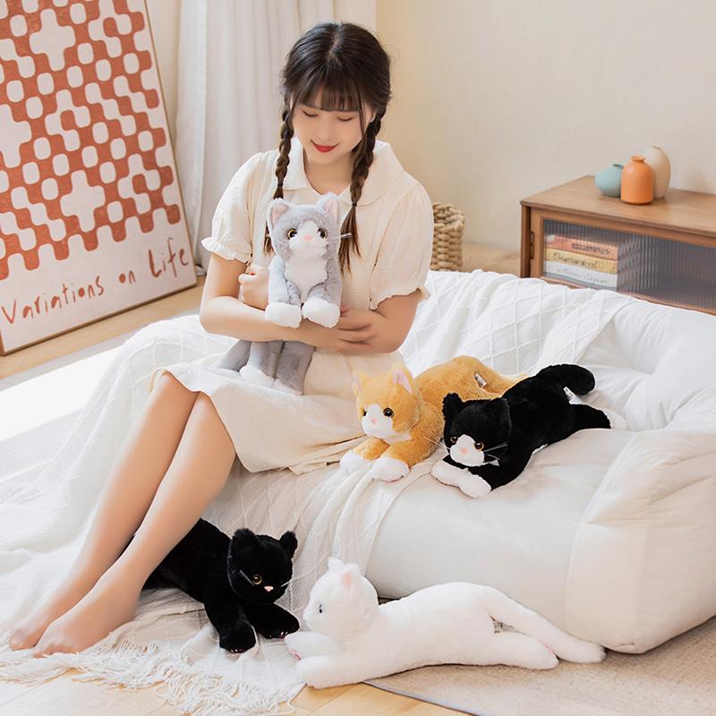 45cm  INS Like Real Prone Cat Plush Doll Stuffed Pure Colors Grey White Yellow Kitten Toy Pets Animal  Gift