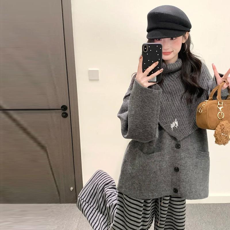 2025 Korean Knit Cardigan & Sweater Set: Autumn-Winter Loose Outerwear with Neck Warmer