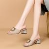 Fish Mouth Cool Slippers Women's 2025 New Summer Wear Fashion Metal Square Buckle Medium Heel Thick Heel Soft Leather Slippers Women
