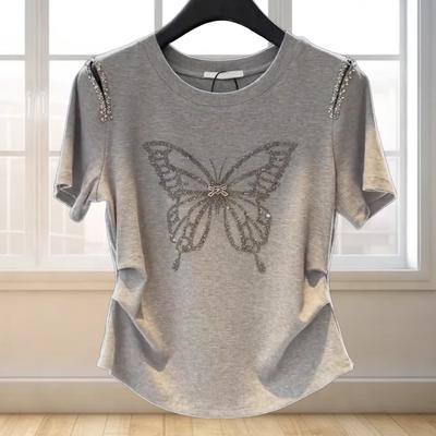 Summer Round Neck Butterfly Diamond Short-sleeved T-shirt Women's Fashion Top Women