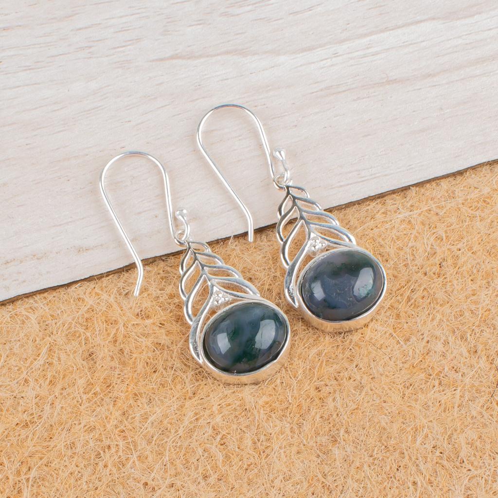 Rare Moss Agate Gemstone 925 Sterling Silver Jewelry Women Silver Earrings 1.64" CE-1-28