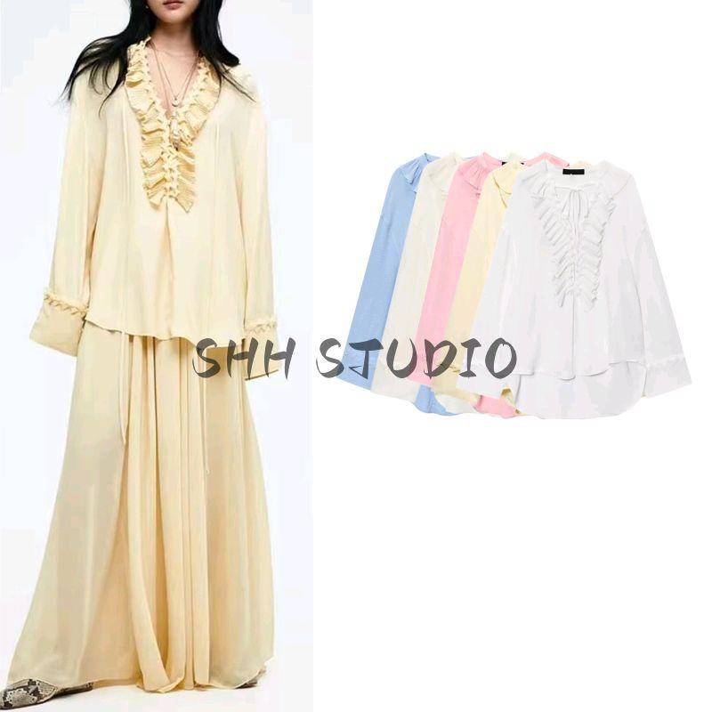 Summer New Product Women's Clothes French Style Design Loose-Fitting V-neck Long Sleeves Wave Style Wear Shirt Dress 1284891