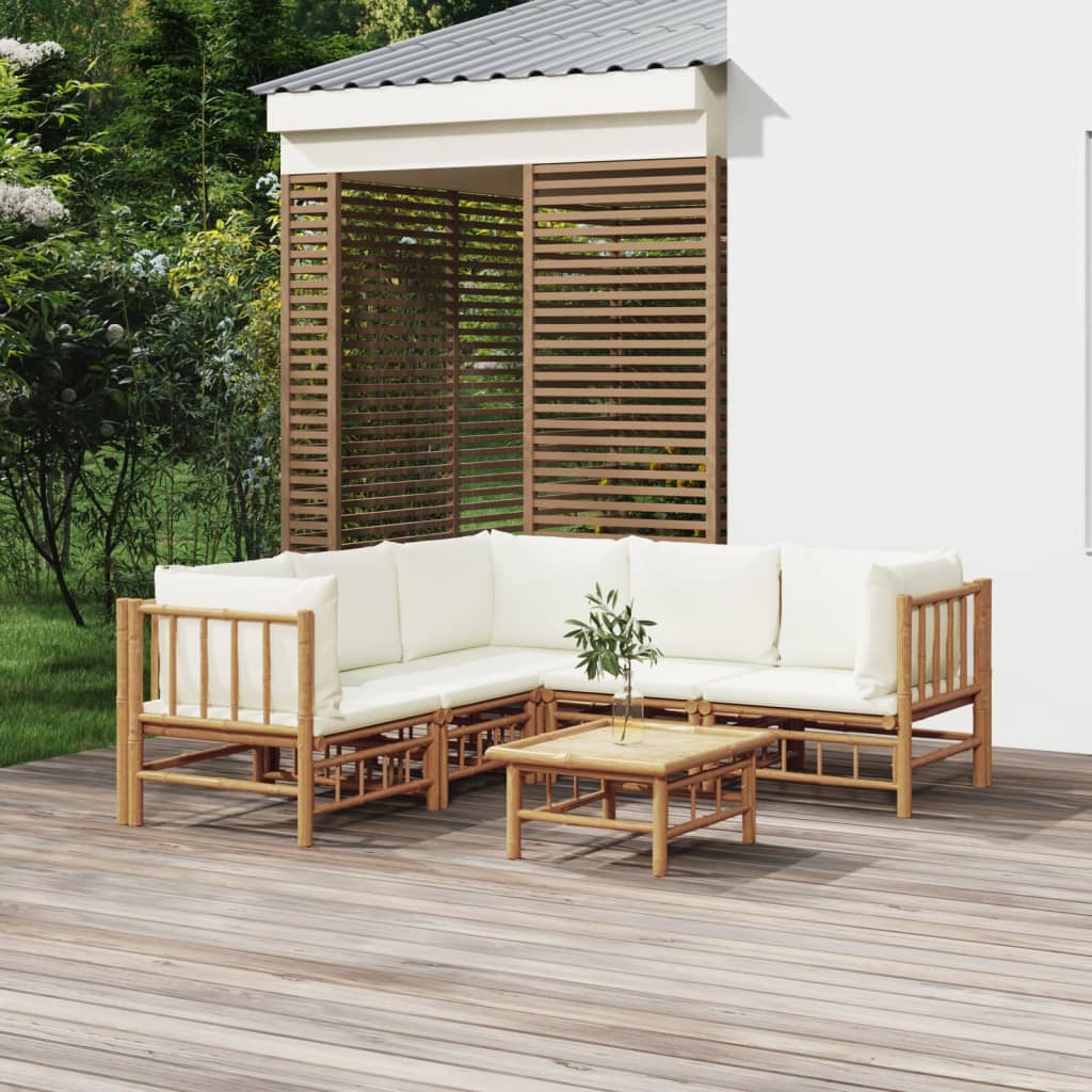 6 Piece Garden Lounge Set with Cream Colored Cushions Bamboo