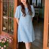 Damen Lässig Rundhals Sommer Kurzarm Patchwork Häkelkleid