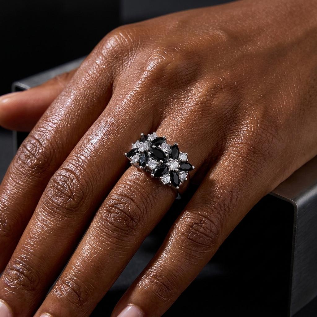 Vintage Glänsande Svarta Zirkon Blommringar För Kvinnor Kopparfärg Lyx Cubic Zirkonia Blommor Fingerring Bröllopsfest Smycken